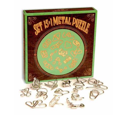 Set 15 in 1 green metal puzzle